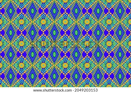 Abstract wallpaper with green-yellow-blue tones floral pattern assembled into a seamless square grid on a bright blue background for printing retro tribal fashion fabrics, Thai-Laos fabric patterns, f