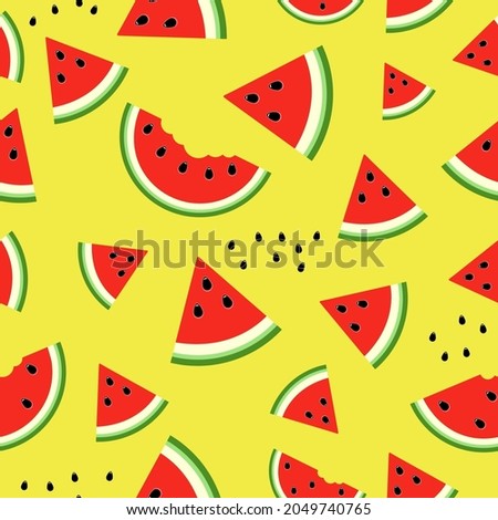 Seamless pattern with Bright red slice  watermelon on yellow background.  Fruit Wallpaper with Chaotic watermelon. Vector seamless pattern in flat style.
