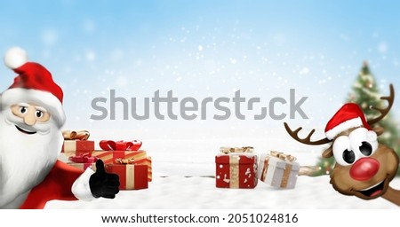 Happy Santa Claus and a deer with Christmas presents gifts snow. outdoor. slightly blurred design 3d-illustration