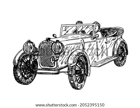 Hand drawn vector tracing vintage retro car,  sketch graphics monochrome illustration on white background. Old car Hand drawn ink illustration