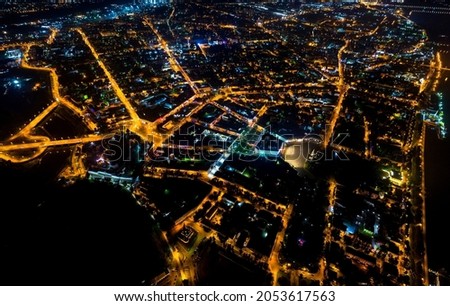 Yaroslavl, Russia. Historical city center. Panoramic aerial view at night
