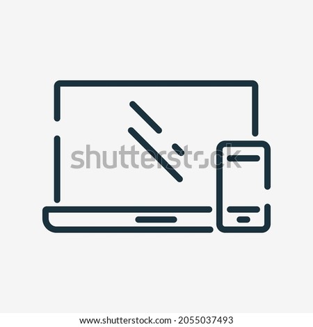 Smartphone and Laptop Line Icon. Connected or Sync of Devices Linear Pictogram. Synchronization of Mobile Phone and Computer Outline Icon. Editable Stroke. Isolated Vector Illustration.