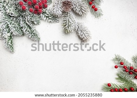 Christmas holidays composition with snowed fir tree branches on white background with copy space for your text