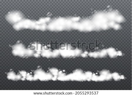 set of bath foam with shampoo bubbles and soap, soap foam isolated on transparent background, gel or shampoo bubbles overlay suds texture, illustration.