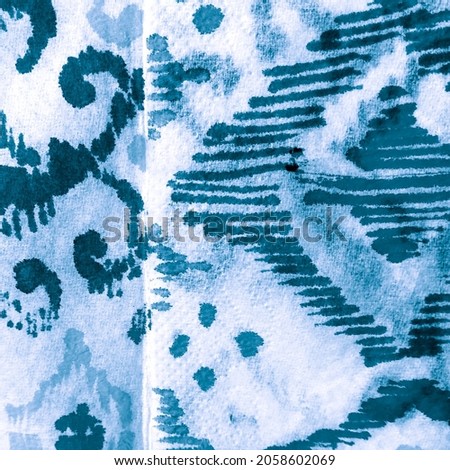 Ikat Weave. Aquamarine Watercolor Background Brush. Sea Ikat In Retro Style. Blue Tie Dye Background. Tibetan Fabric. White Watercolour Bohemian Print.