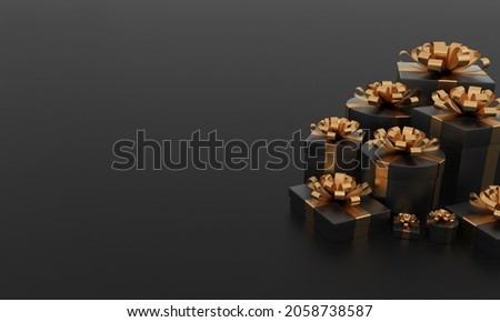 A 3D render of luxury black gift boxes with gold ribbons on a black background - copy space