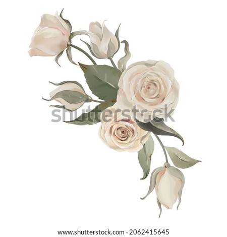 Watercolor bouquet with greens and beige roses, leaves and branches on a white background. For wedding invitations, cards, postcards, birthday, baby shower, bridal shower.