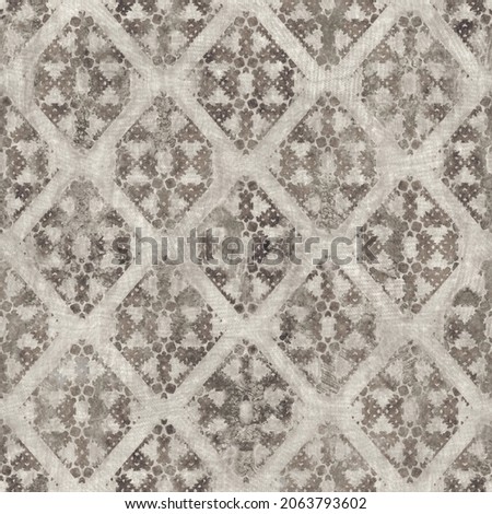 Seamless tan brown grungy tribal neutral rug motif surface pattern design for print. High quality illustration. Distressed bohemian ethnic repeat swatch. Hand drawn diamond damask textile design.
