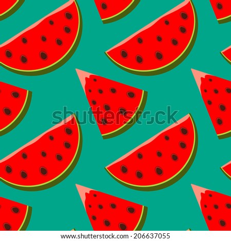 Seamless pattern with cartoon watermelon slices on green background. Endless print fruits texture. Fabric design. Wallpaper - vector 