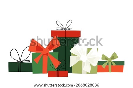Christmas gift boxes with ribbon bows in red and green color.