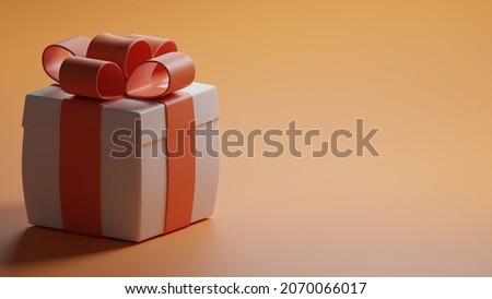 Christmas and New Year, Festive gift surprise, greeting card, brochure, Web banner, sale. Realistic gift box with a red bow. Copy space. Isolated on a yellow background. 3D rendering. illustration