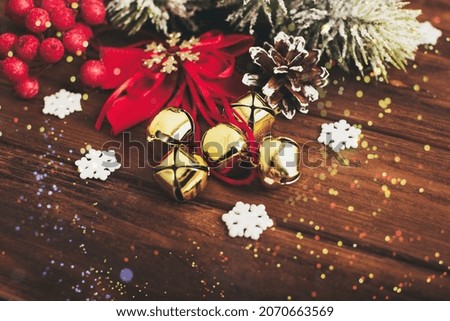 Festive Christmas greeting card with decorated fir tree and copy space for your xmas greetings. Top view flat lay
