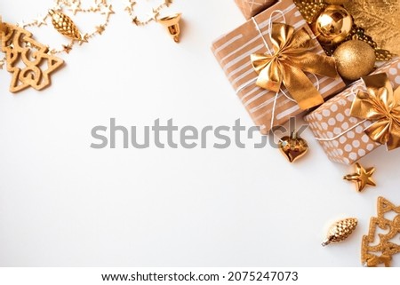 new year gifts and decorations on white background top view- Image 