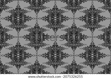 Seamless geometric ethnic fabric pattern, black and white floral pattern, Thai fabric pattern design, carpet, wallpaper, curtain, cushion, clothing, batik, gray background fabric pattern