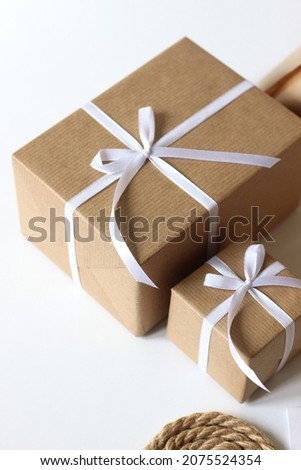 Wrapped and Decorated Gift Boxes on White Background. Christmas, New Year Holidays Concept.