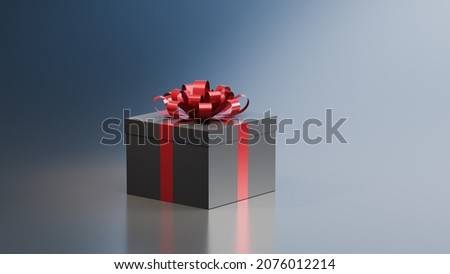Black gift box with red ribbon, on blue gray background. Concept for holidays. 3D Rendering