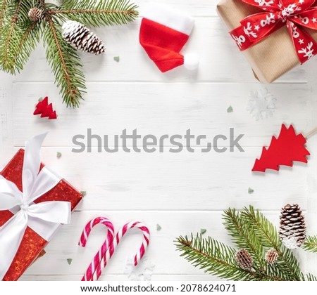 Christmas composition. Gift box, christmas decorations on white background. New year banner. Framing New year layout with copy space.