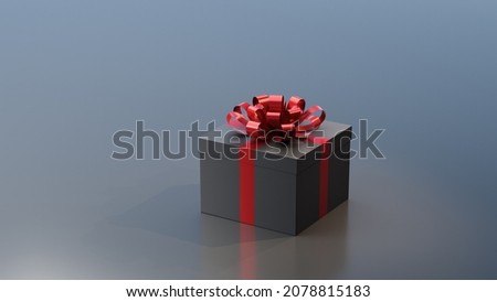 Black gift box with red ribbon, on blue gray background. Concept for holidays. 3D Rendering
