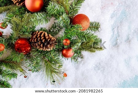 Happy New Year the Christmas green pine tree with snow decorations background