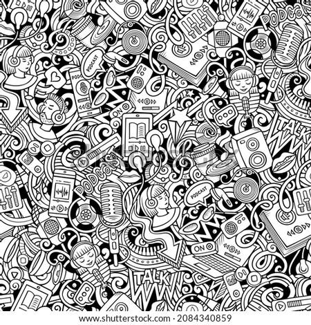 Cartoon doodles Audio content seamless pattern. Backdrop with podcasts and audiobooks symbols and items. Line art background for print on fabric, textile, phone cases, wrapping paper.