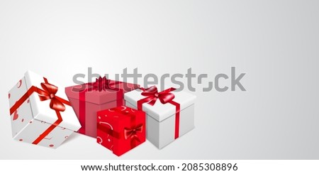 Vector illustration for Valentine's Day with several red, pink and white gift boxes with ribbons, bows and pattern of hearts, on light background