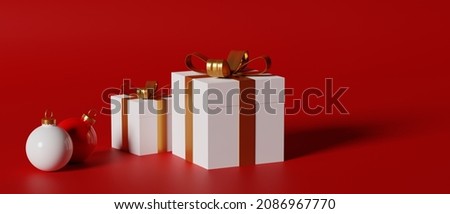White and olden Christmas ornaments and present boxes - 3D render illustration. Can be used as a background template for greeting season cards or posters.