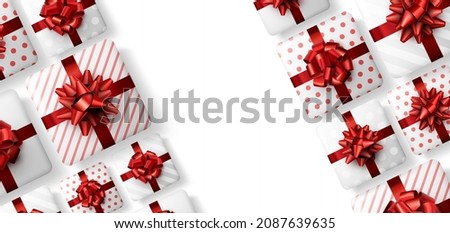 White striped and polka dot gift boxes with red bow. Christmas, birthday, holiday frame. Top view. Vector illustration.