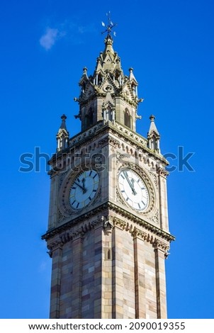 A picture of a centered Albert Memorial Clock, in Belfast.