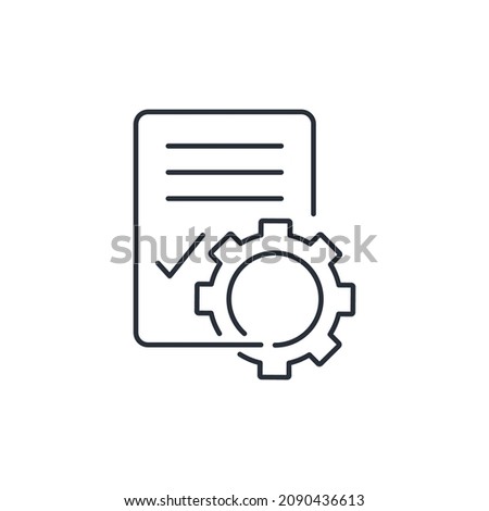 Gear and document. Technical support  list, сontrol file. Software development concept. Vector linear icon isolated on white background.