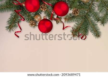 Christmas tree branches, balls decor. Hygge, cozy, nordic Christmas composition.