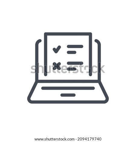 Exam and Online survey line icon. Laptop with document and test result vector outline sign.