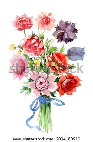 Bouquet of flowers. Colorful illustration. Hand drawn by watercolor. Isolated on white background.