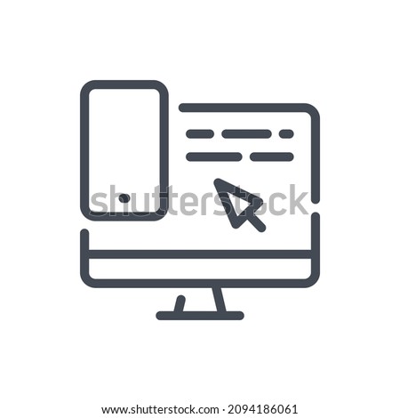 Computer connection to mobile phone line icon. Mobile application and computer coding with click arrow vector outline sign.