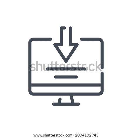 Download to computer line icon. PC with arrow down vector outline sign.