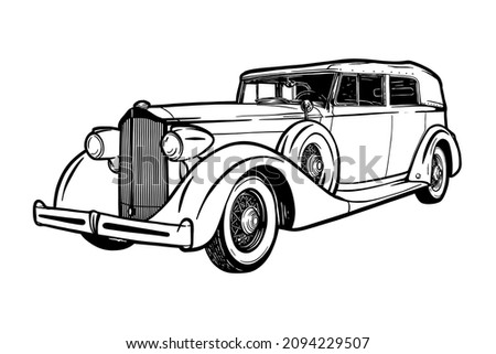 Old american car - vector illustration - hand drawn - Out line