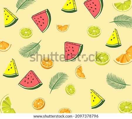 
watermelon, yellow watermelon, orange, coconut leaves