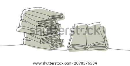 Continuous one line drawing of stack of books with open book. Education  and  back to school concept. Vector illustration