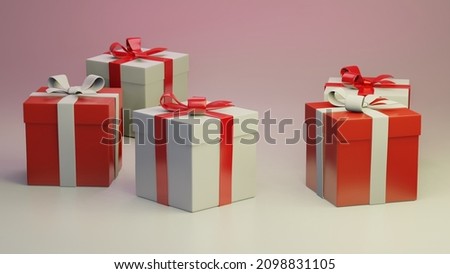 Gifts, present boxes composition. Red, white colored paper bows and ribbons, light background. Celebrative, festive birthday, anniversary, Christmas mood. 3D Render concept illustration