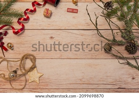 Composition with elements for handmade christmas or new year's gift on wooden background. 
