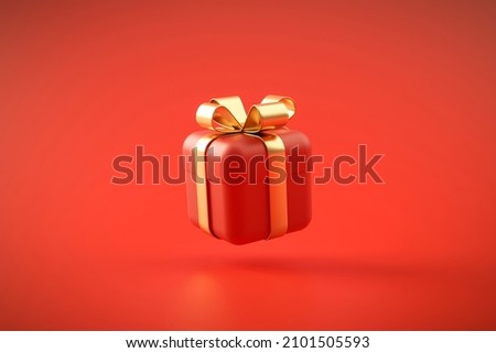 Red gift box gold ribbon valentine or christmas or anniversary celebration surprise background 3D rendering
