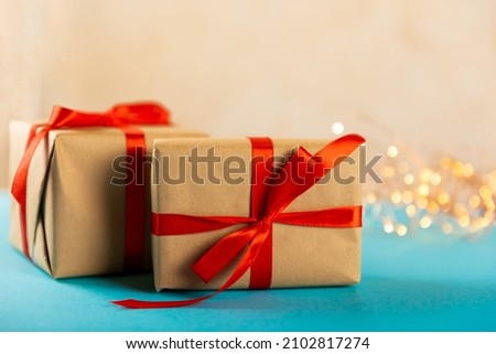 Gift box on a blue background. Valentine's Day gift. copy space. Holidays and love concept.
