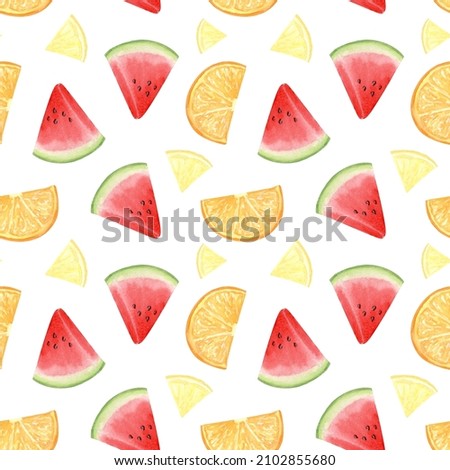 Watercolor watermelon, lemon and orange seamless pattern. Fruit sliced into wedges. Design for ice cream packaging, textiles, stationery. Pieces of tropical fruit.