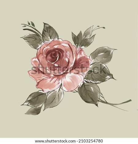 Abstract illustration drawn on paper with paints decorative beautiful rose. Stylish hand sketch for your design and congratulations. 