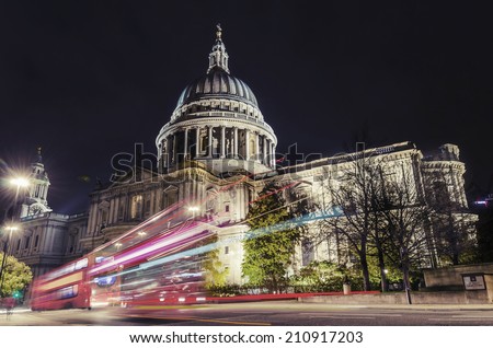 St Paul's cathedral with blurred bus trail at night, VINTAGE