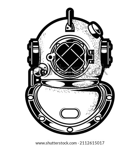 Vintage deep-sea diving helmet, heavy metal scuba headpiece, submergence equipment, vector
