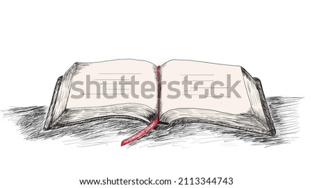 Open book isolated on white background. Vector black vintage  illustration. Hand draw sketch