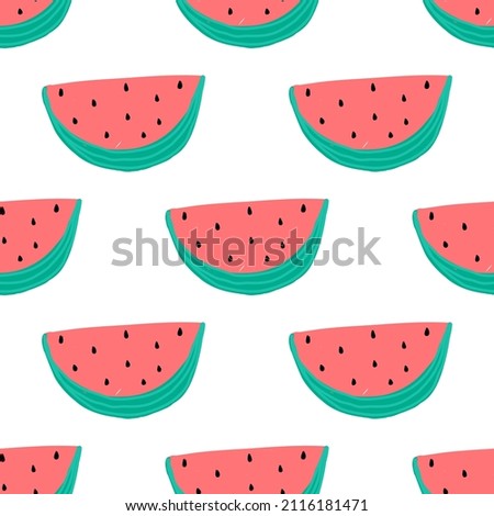 Watermelon on a white background. Seamless cute pattern. Cartoon vector. Wrapping paper pattern. Hand drawn vector. Cute fruit.