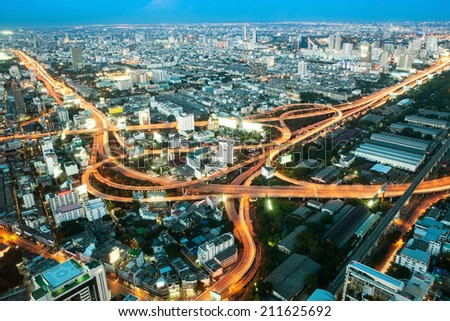 Aerial view with Bangkok Transportation at Night (Thailand)