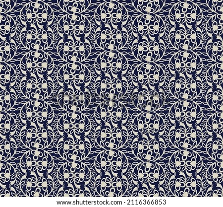Seamless blue background with beige pattern in baroque style. Vector retro illustration. Ideal for printing on fabric or paper for wallpapers, textile, wrapping. 
