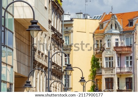 city lanterns along the street and view on old buildings  in a old european city Wroclaw, Poland